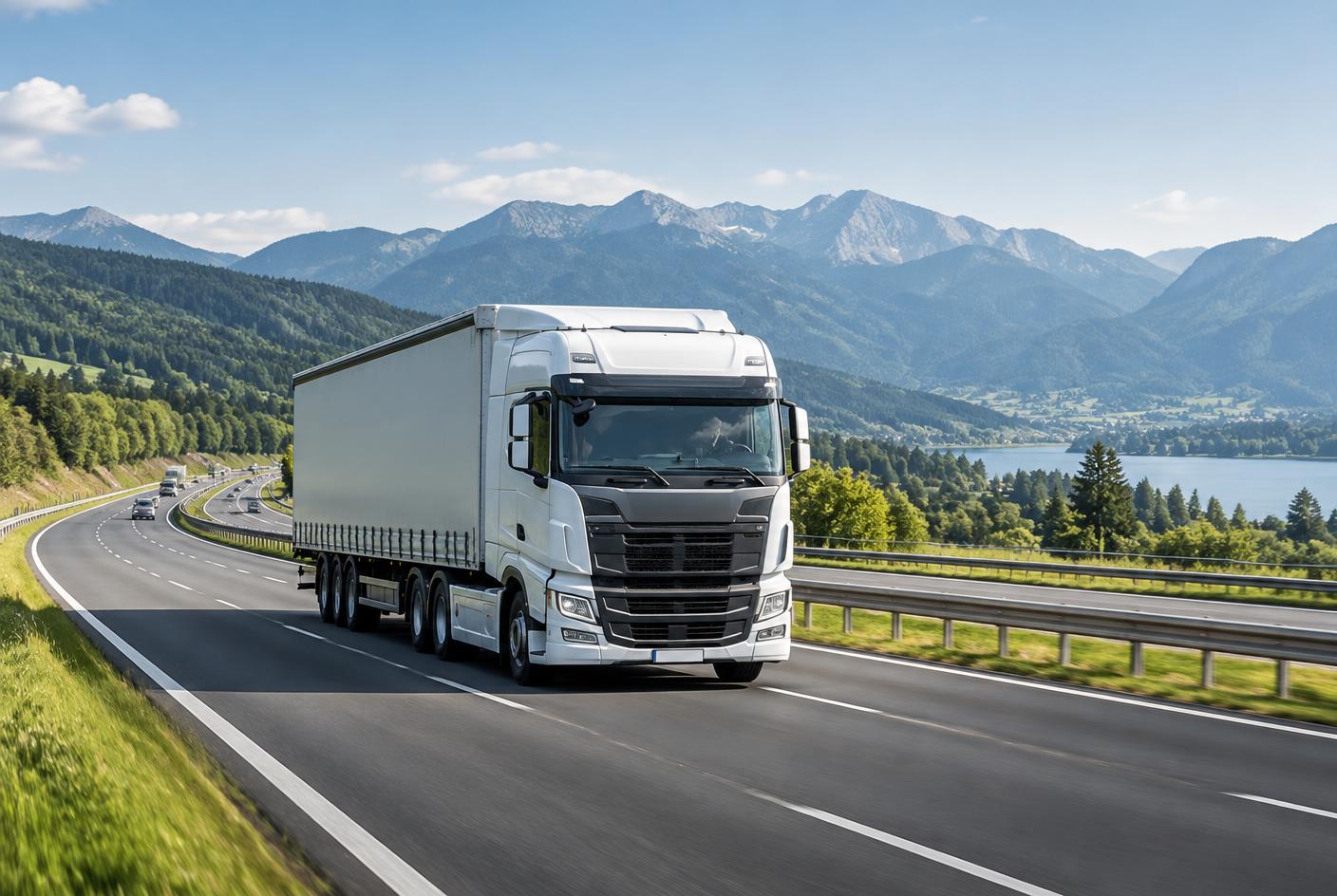 Modern European truck on an Alpine motorway